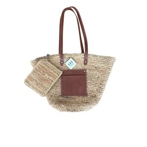 Haute Hippie‎ Straw Woven Raffia Beach Bag Faux Leather Pocket and Trim Boho NWT